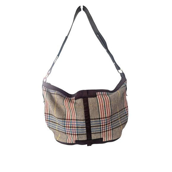 Burberry Womens Plaid Tweed Leather Top Strap Hobo Shoulder Handbag - Picture 1 of 16